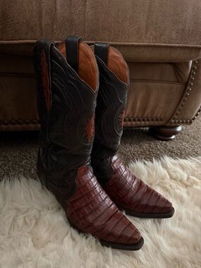Dan Post Two-Tone Black and Brown Caiman Leather Western Boots